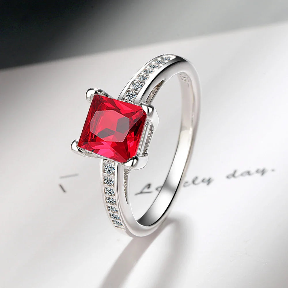 2.2ct Created Red Ruby 925 Sterling Silver Solitaire Engagement Ring | Cushion Cut Gemstone Wedding Gift