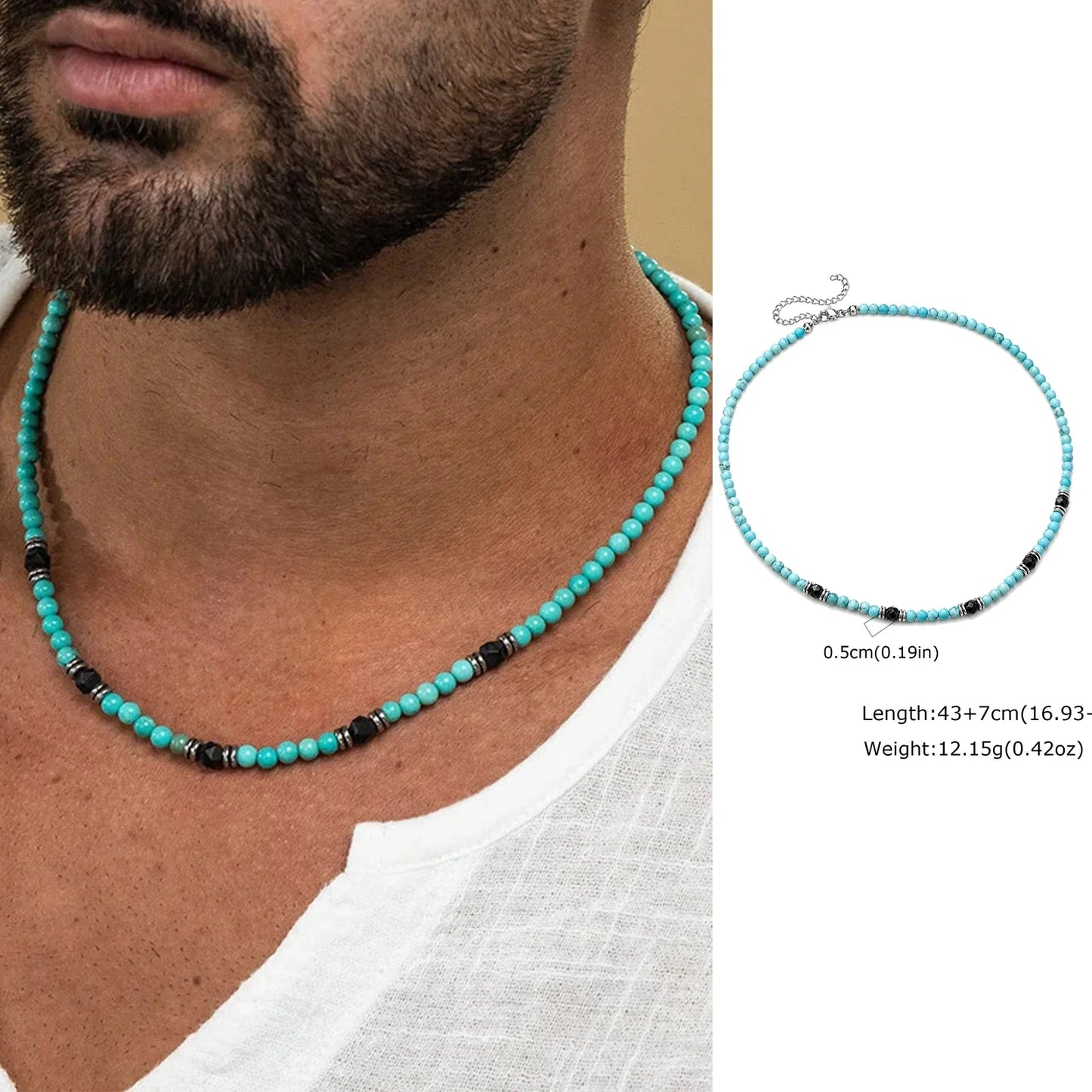 Synthetic Turquoise Necklace for Men | Natural Stone Mini Beads Summer Beach Bohemian Jewelry