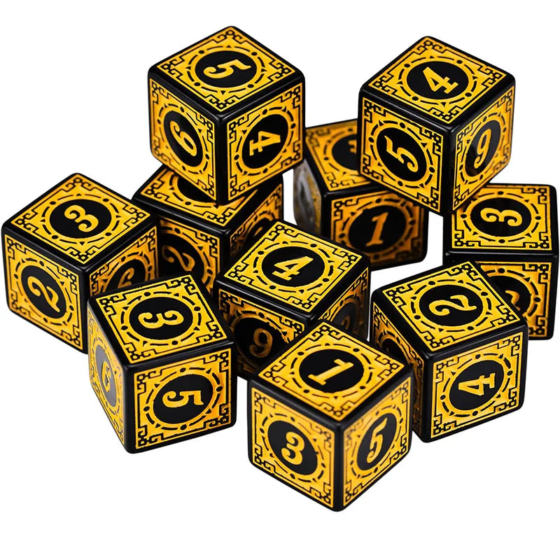 10PCS/Set Acrylic Dice Set D6 Carved Pattern Polyhedron Dice 6-sides Game Dice for RPG Dungeons and Dragons Board Game