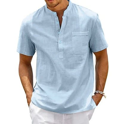 Men's Cotton-Linen Henley Short Sleeve Tee – Breathable Lightweight Casual Top
