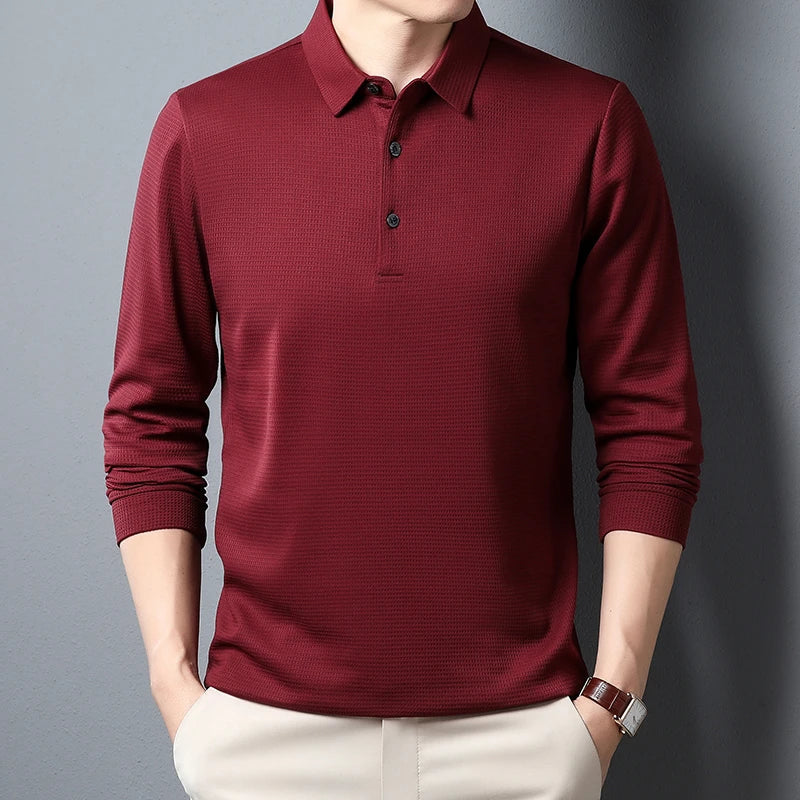 Men's Business Casual Long Sleeve Polo Shirt - Breathable Knit Polyester, Anti-Wrinkle