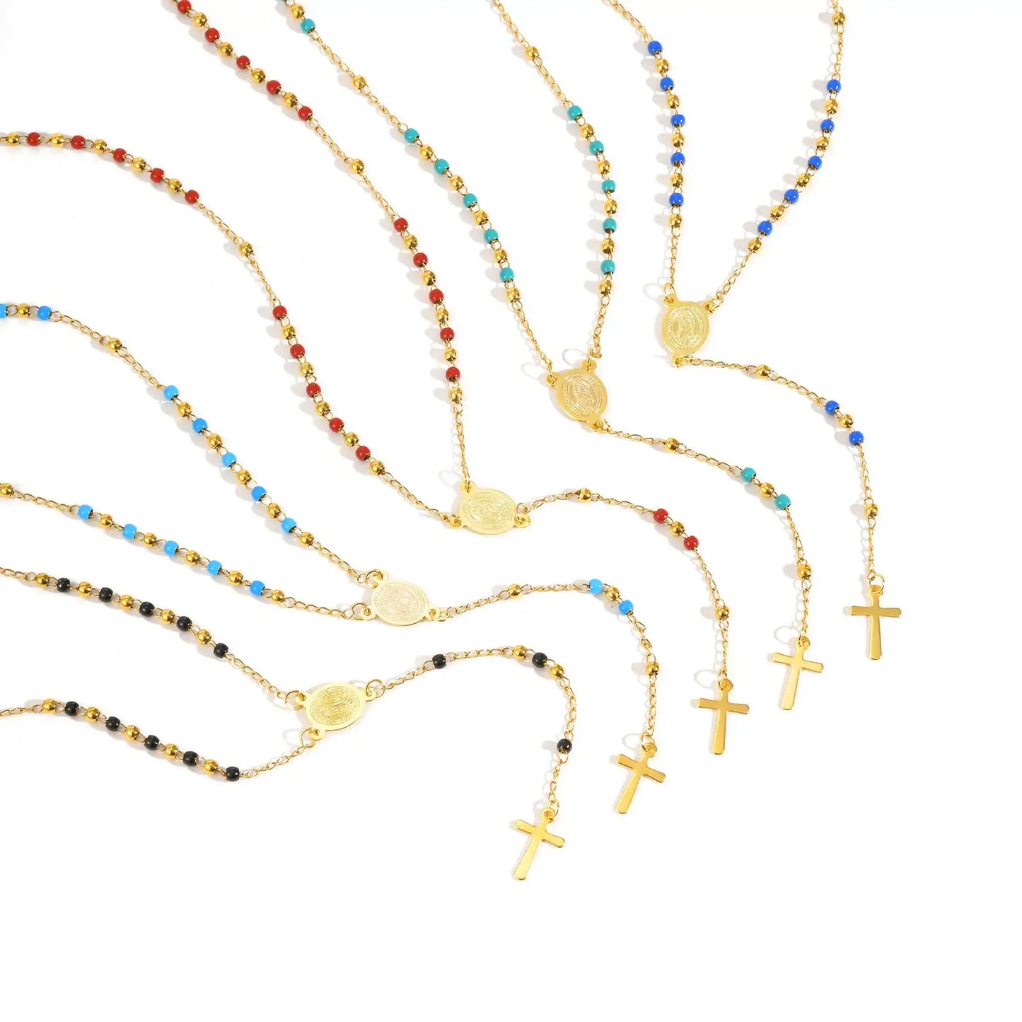 Colored Bead Y-Shaped Cross Necklace | Stainless Steel Catholic Rosary Jewelry for Women