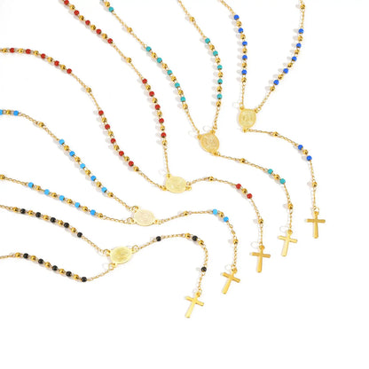 Colored Bead Y-Shaped Cross Necklace | Stainless Steel Catholic Rosary Jewelry for Women