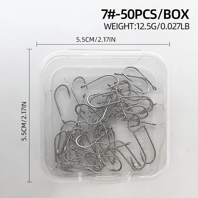 ShareShark 50-Piece High Carbon Steel Fishing Hooks with Barbed Curved Mouth | Long Shank Saltwater Hooks