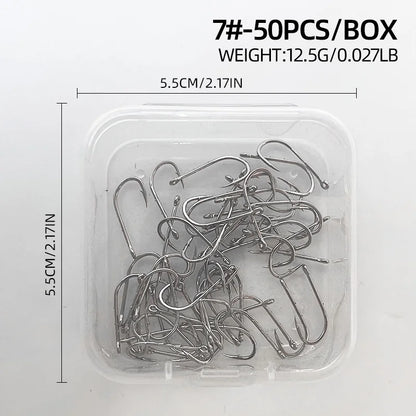 ShareShark 50-Piece High Carbon Steel Fishing Hooks with Barbed Curved Mouth | Long Shank Saltwater Hooks