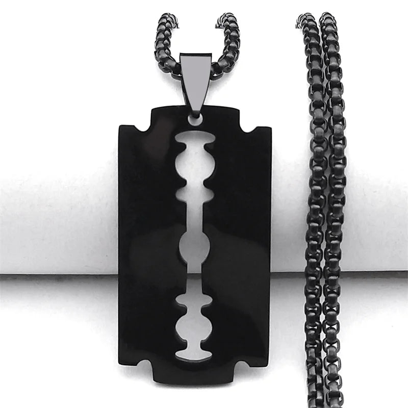 Gothic Blade Razor Pendant Necklace | Stainless Steel Black Goth Men's Chain