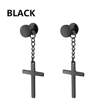 Black Stainless Steel Hoop Earrings with Cross Pendant | Unisex Punk Jewelry