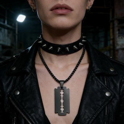 Gothic Blade Razor Pendant Necklace | Stainless Steel Black Goth Men's Chain