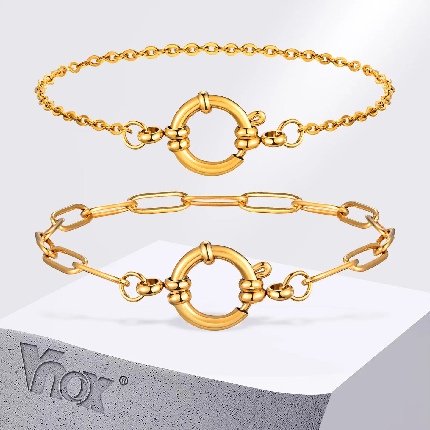 Vnox Square Chain Bracelet | Gold Stainless Steel Round Bubble Link Jewelry for Women