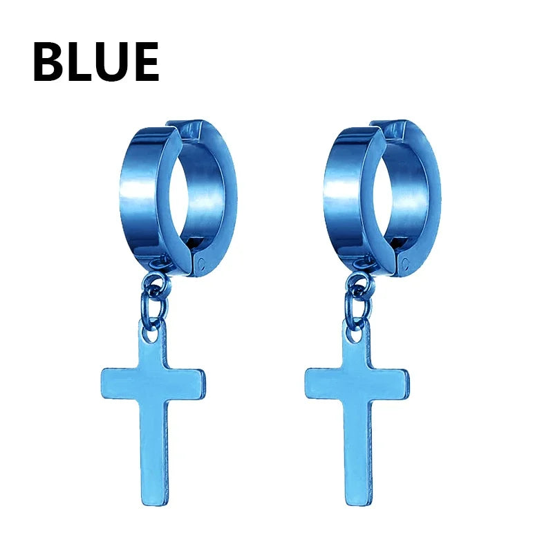 Stainless Steel Clip On Cross Earrings | Non Piercing Gothic Punk Jewelry for Men Women