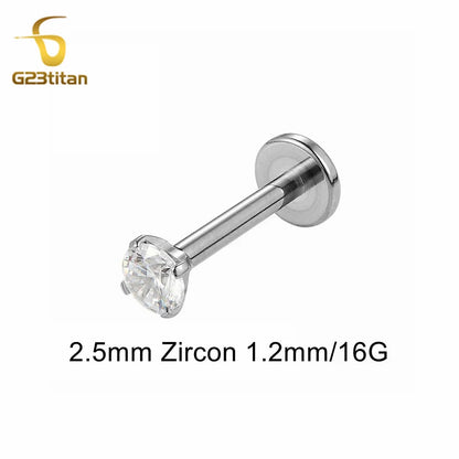 16G 18G Titanium Labret Stud Nose Ring | Zircon Internally Threaded Body Jewelry for Tragus and Helix