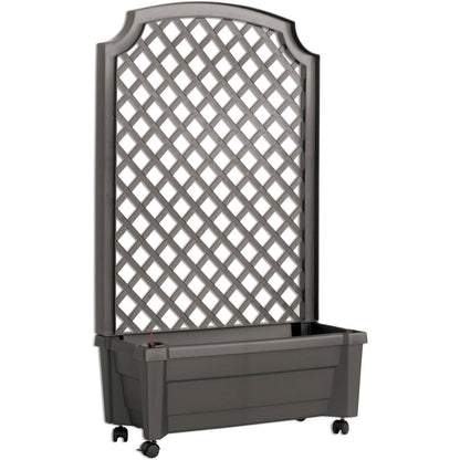 Outdoor Self-Watering Garden Planter with Trellis and Wheels in Grey Plastic