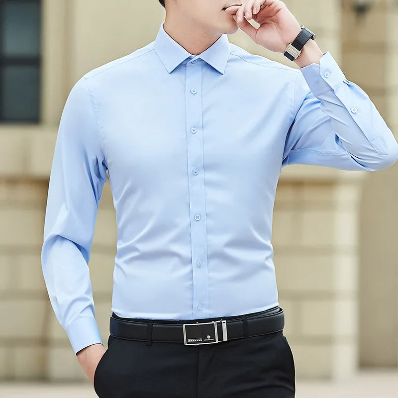 Plus Size Men’s Long Sleeve Business Shirt - Slim Fit Solid White Dress Shirt Sizes M–8XL
