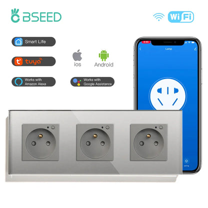 Bseed Wifi Wall Socket France Standard Crystal Glass Panel Smart Socket Outlets Work With Tuya Google Home Alexa Timer APP