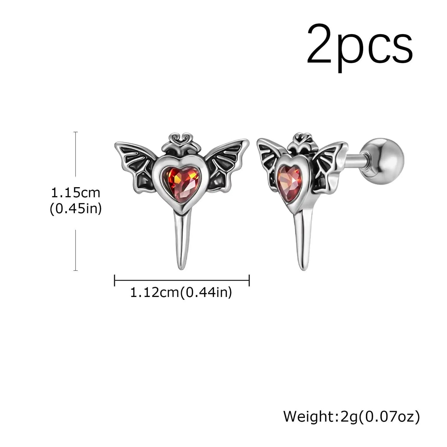 Stainless Steel Heart Zircon Wings Stud Earrings | Unisex Vintage Punk Gothic Jewelry