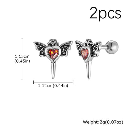 Stainless Steel Heart Zircon Wings Stud Earrings | Unisex Vintage Punk Gothic Jewelry