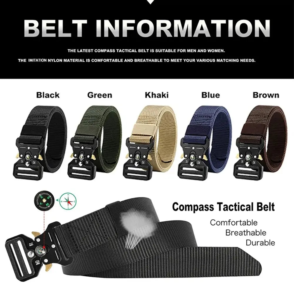 Unisex Tactical Nylon Canvas Belt with Compass, Durable Outdoor & Jeans Belt 1.5 in (3.8 cm) Wide
