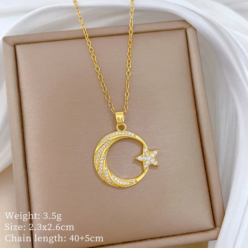 Stainless Steel Crescent Moon Pendant Necklace | Vintage Gold Choker Jewelry for Women