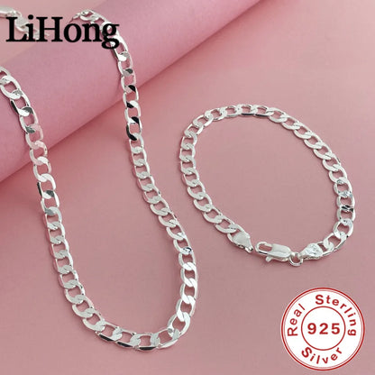 925 Sterling Silver 6mm Cuban Link Necklace and Bracelet Set | Unisex Classic Jewelry