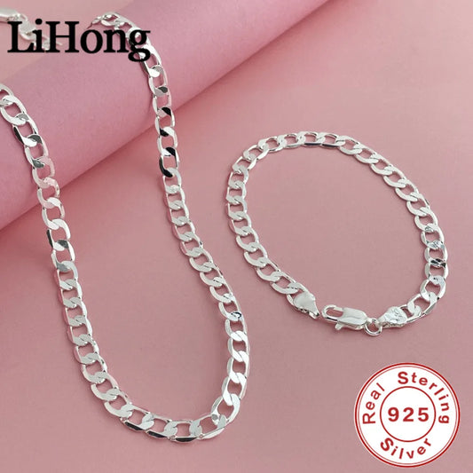 925 Sterling Silver 6mm Cuban Link Necklace and Bracelet Set | Unisex Classic Jewelry
