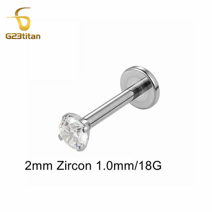 Titanium Labret Stud with Zircon Gem | Internally Threaded Body Jewelry