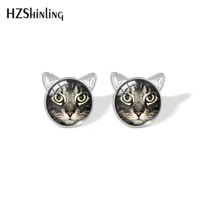 Lovely Cat Face Stud Earrings | Handmade Glass Dome Photo Printed Jewelry for Women
