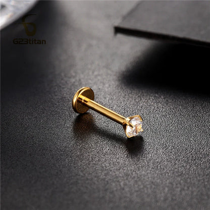 16G 18G Titanium Labret Stud Nose Ring | Zircon Internally Threaded Body Jewelry for Tragus and Helix