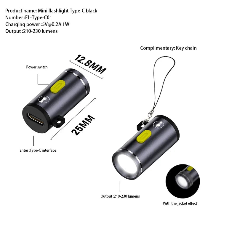 Mini High Brightness LED Flashlight | Type C Rechargeable Travel Torch