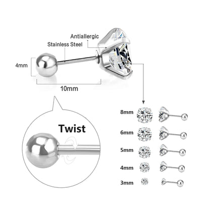 LUXUSTEEL Crystal Zircon Stud Earrings | Screw Back Round CZ Earrings for Men Women