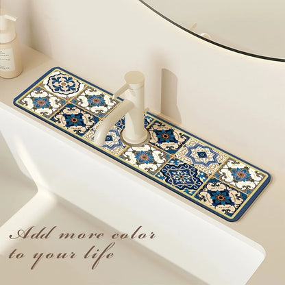 VIKAMA Premium Retro Pattern Kitchen Sink Splash Guard Faucet Mat Kitchen Countertop Absorbent Mat Bathroom Faucet Mat Drying Ma