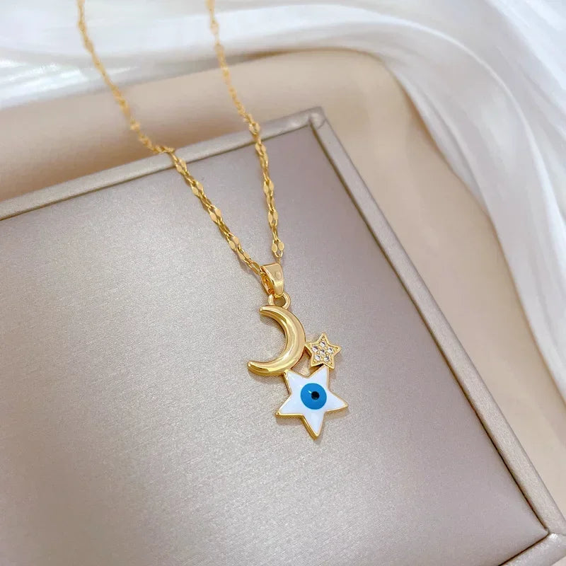 Stainless Steel Crescent Moon Pendant Necklace | Vintage Gold Choker Jewelry for Women