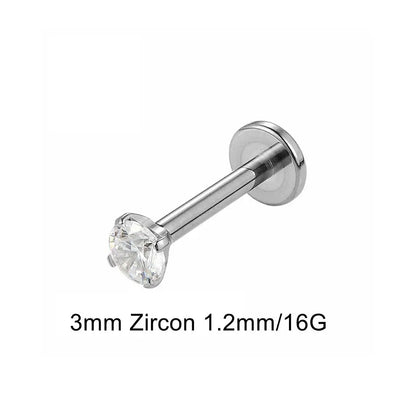 16G 18G Titanium Labret Stud Nose Ring | Zircon Internally Threaded Body Jewelry for Tragus and Helix