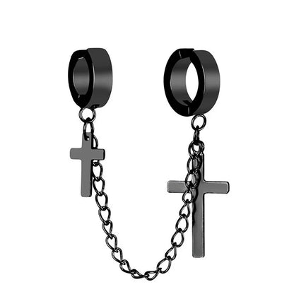 Cross Tassel Clip Earrings | Unisex Punk Hoop Earrings with Chain