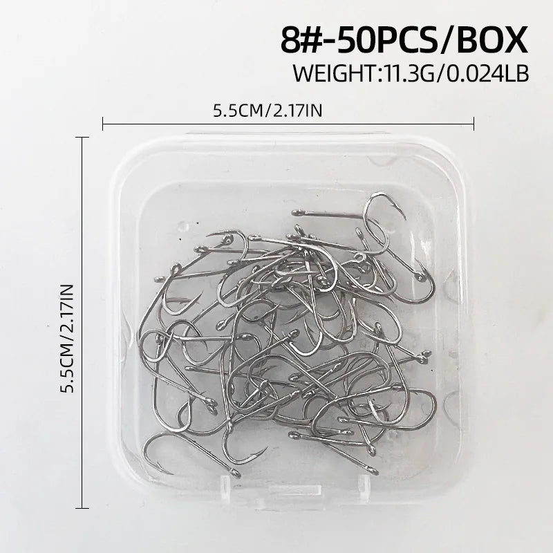 ShareShark 50-Piece High Carbon Steel Fishing Hooks with Barbed Curved Mouth | Long Shank Saltwater Hooks