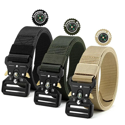Unisex Tactical Nylon Canvas Belt with Compass, Durable Outdoor & Jeans Belt 1.5 in (3.8 cm) Wide