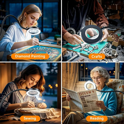 10X Magnifying Glass with 3 Color Modes LED Lighted Desk Lamp with Metal Clamp Flexible Gooseneck Magnifier for Reading Nail Art
