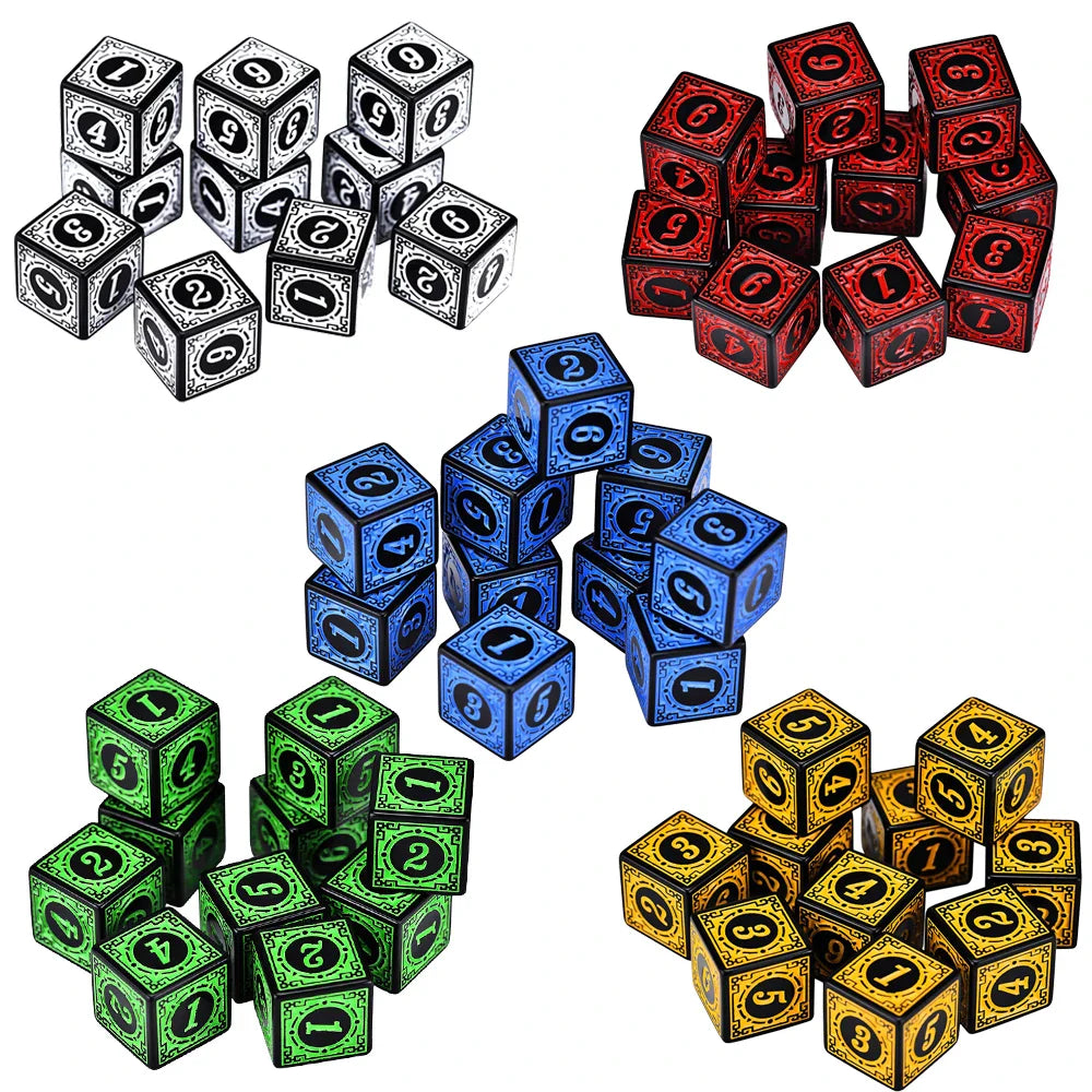 10PCS/Set Acrylic Dice Set D6 Carved Pattern Polyhedron Dice 6-sides Game Dice for RPG Dungeons and Dragons Board Game