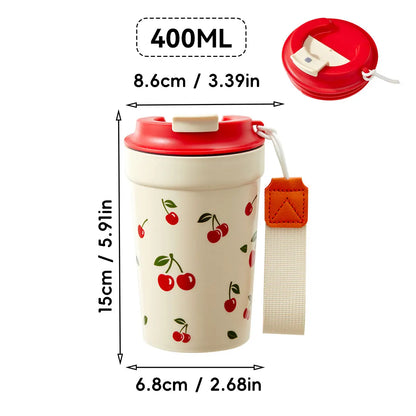 350/400ml Plastic Coffee Mug with Cherry Pattern | Travel Portable Water Bottle Tumbler