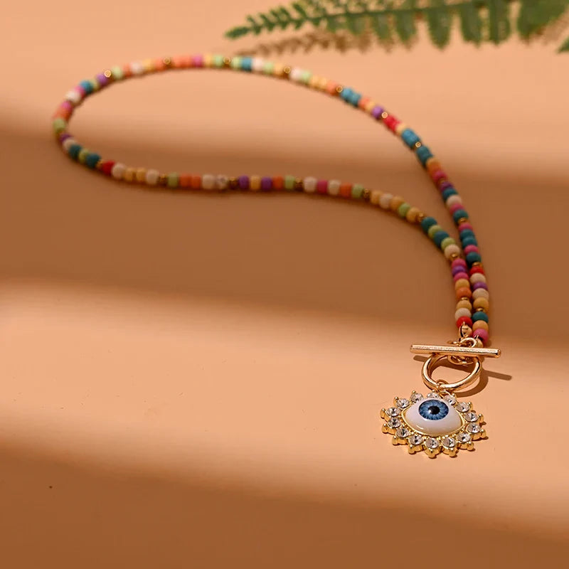 Colorful Stone Choker Necklace | Round Evil Charm Pendant for Women