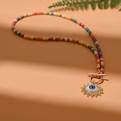Colorful Stone Choker Necklace | Round Evil Charm Pendant for Women