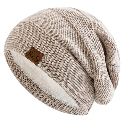 Unisex Slouchy Fur-Lined Winter Beanie Warm Knit Hat for Men & Women