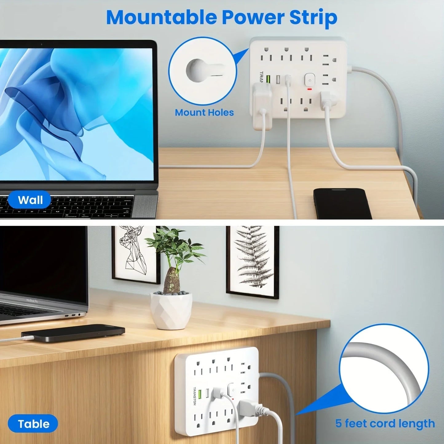 TRANSTON   Power strip with Surge Protector, 9 power strip   3 USB Ports,5ft Extension Cord, Quick Charge, For Home and Off