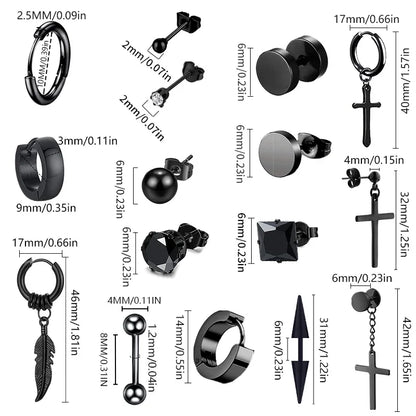 Black Stainless Steel Hoop Earrings with Cross Pendant | Unisex Punk Jewelry