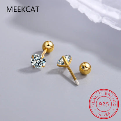 18K Gold Over Silver Moissanite Stud Earrings | Screw Back Safety Earrings for Women Men