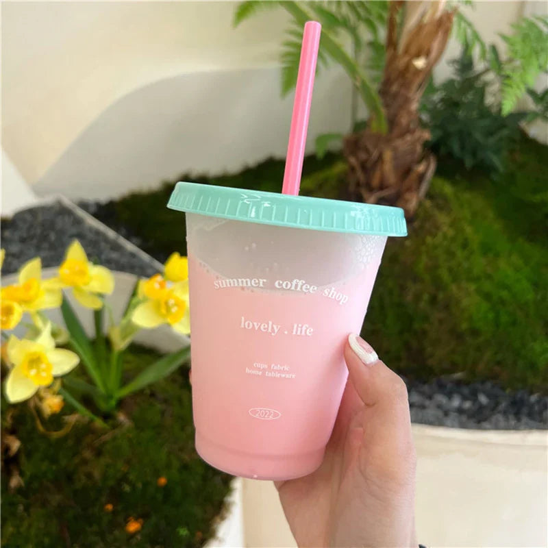 Cute Kawaii Water Bottle | Reusable Plastic Tumbler with Straw Lid for Coffee Juice Tea