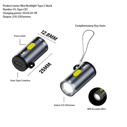 Mini Type-C LED Flashlight | Rechargeable Portable Keychain Light