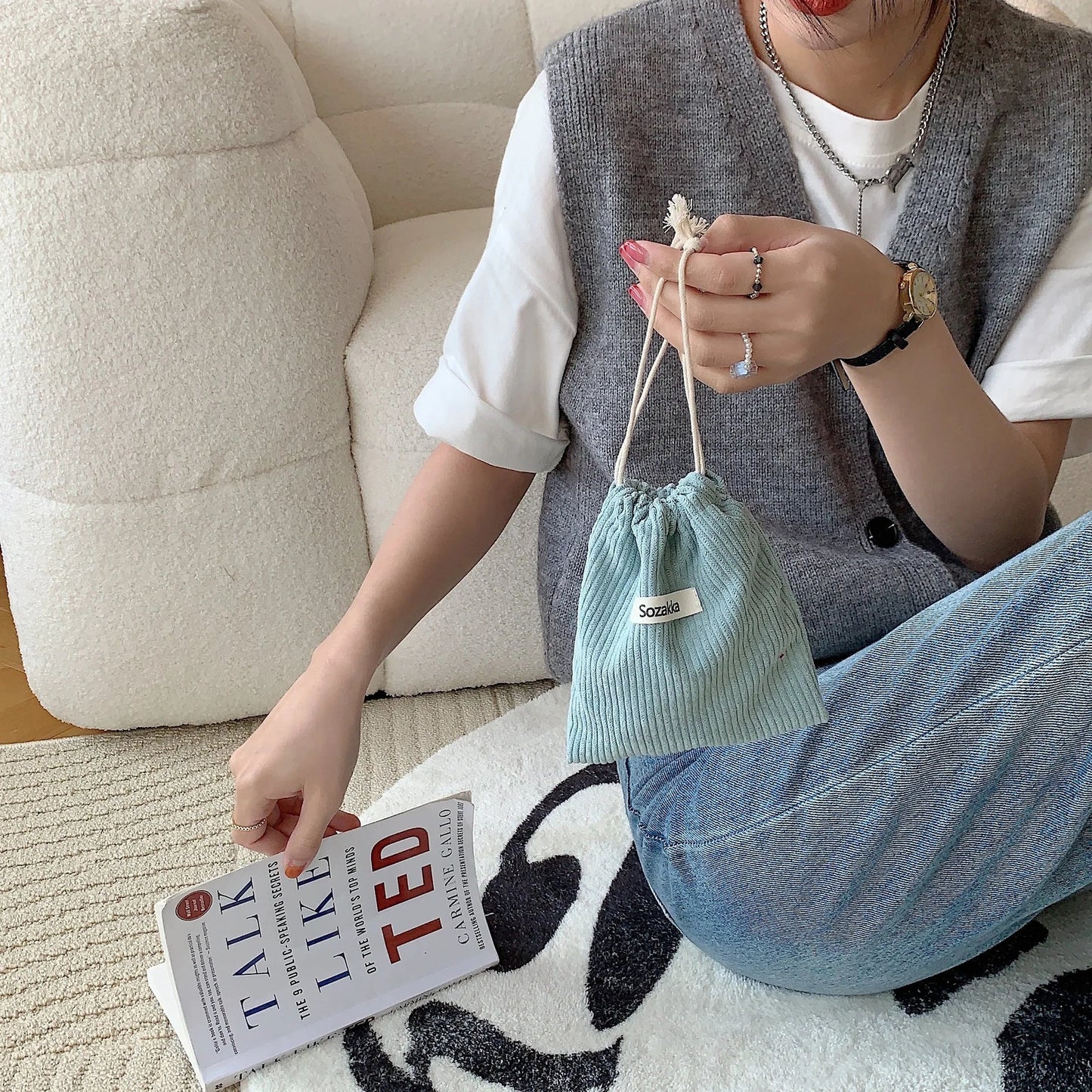 Corduroy Drawstring Pouch | Versatile Storage Bag for Jewelry, Cosmetics, and Small Essentials