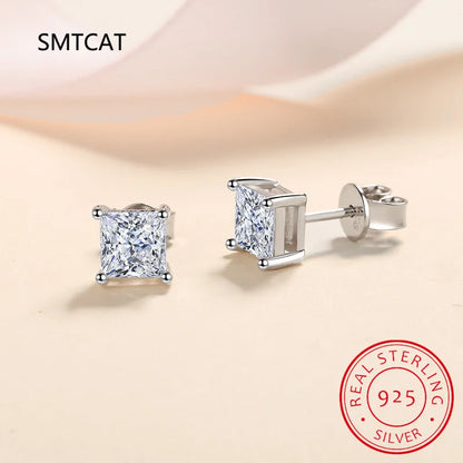 Moissanite Stud Earrings 925 Sterling Silver | VVS Simulated Diamond Princess Cut
