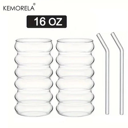 500ML 1/2/4PCS Wave Shape Beverage Glasses With Straws Vintage Glass Cups Ripple Drinking Glasses for Wine Champagne Cocktail