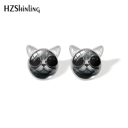 Lovely Cat Face Stud Earrings | Handmade Glass Dome Photo Printed Jewelry for Women